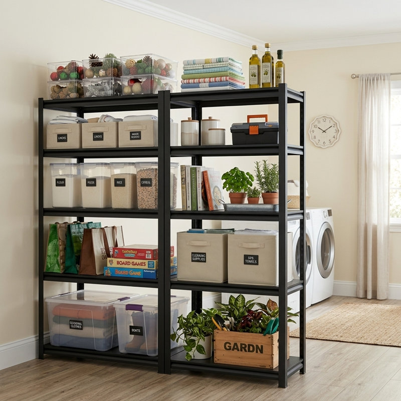 Étagère de rangement pour garage à 63 niveaux H 63 po, support réglable en métal robuste, organisateur autoportant pour entrepôt, sous-sol, buanderie et garde-manger, noir