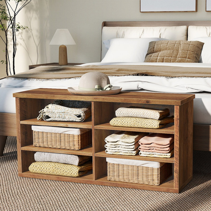 12 Pair Shoe Storage Bench with 6 Cubbies, Entryway Bench with Adjustable Shelves, Shoe Rack Cabinet, Brown
