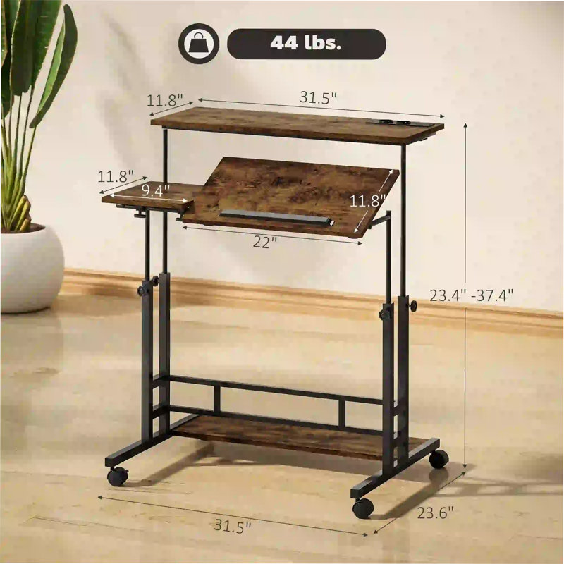 Bureau debout réglable avec plateau inclinable, station de charge intégrée et roues verrouillables pour une productivité et un confort accrus