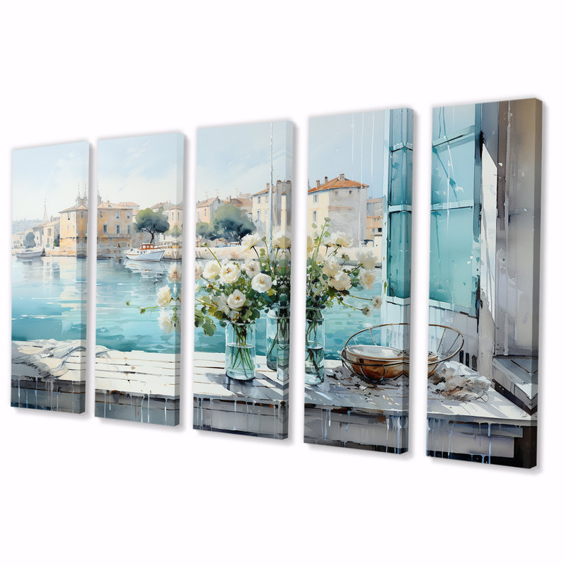 «Blue Window Beachfront View Blooms II - Coastal Windows», art mural sur toile 5 pièces, H 32 po x l 80 po