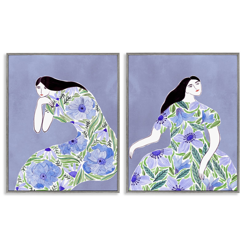  «Floral Women on Mauve», ensemble de 2 estampes numériques par Melissa Wang, H 14 po x l 11 po, Estampe numérique Farmhouse