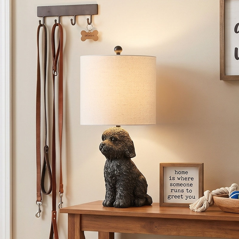 Lampe de table chien en résine avec abat-jour en lin, Noir