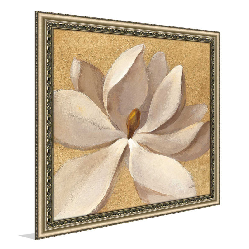 Coucher de soleil sur une fleur d'or - reproduction sur toile, H 21,5 po x l 21,5 po x P 0,75 po, Cadre antique champagne
