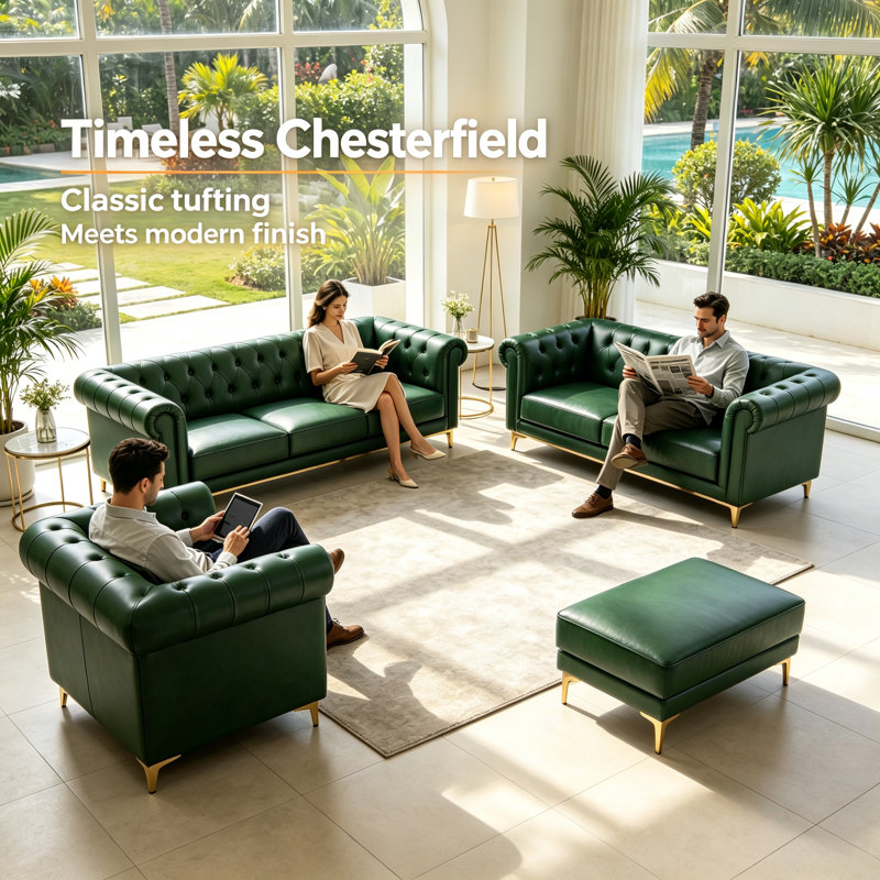 Ensemble canapé Chesterfield modulaire 6 places en similicuir avec pouf, vert, Vert