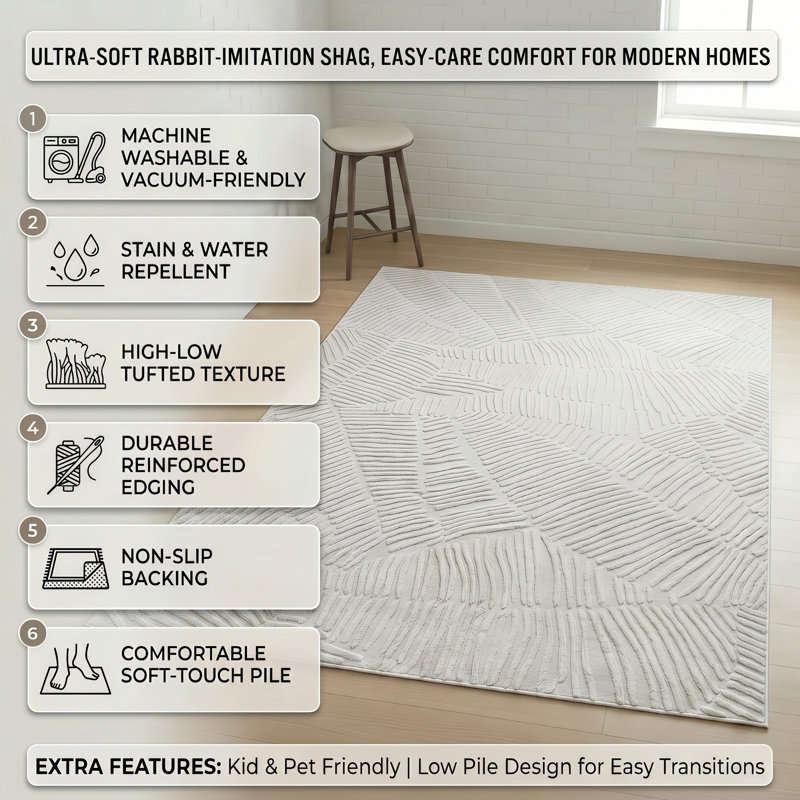 Machine Washable Modern Faux Rabbit Fur Jacquard Area Rug Soft High-Low Pile Non-Slip Backing Off-White/Beige/Cream Indoor Carpet for Bedroom, Nursery