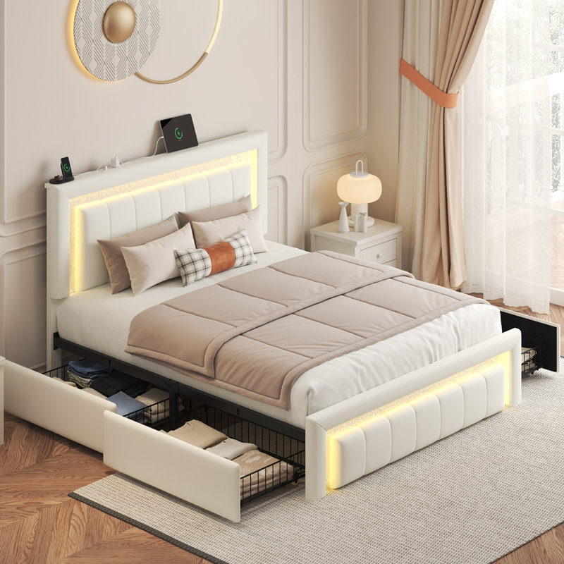 Full Upholstered Platform Bed with Vertical Block Design Headboard, 4 Sliding Storage Drawers，RGB LED Lights & Charging Station, Easy to Assemble, White