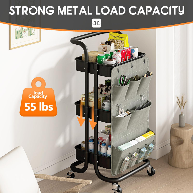 3 Tier Utility Rolling Cart with Side Bags and 9 Hooks
