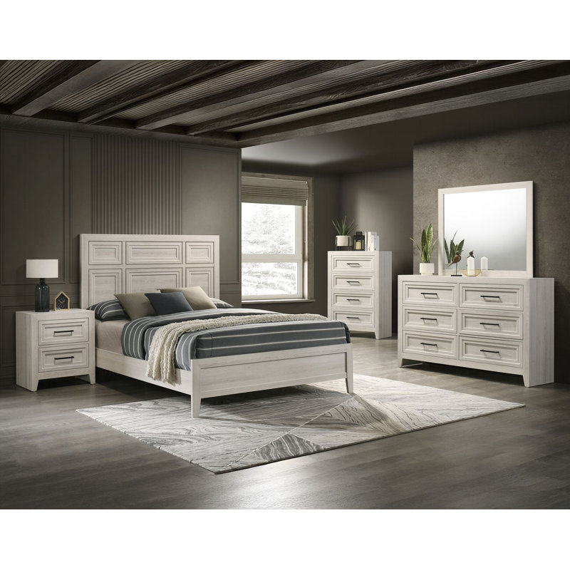 Contemporary Six Drawer Dresser with Geometric Design, Off-White Finish for Modern and Stylish Storage Solutions