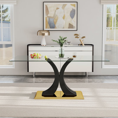 Table de salle à manger rectangulaire de 63 po de largeur avec plateau en verre trempé transparent pour 4 à 6 personnes
