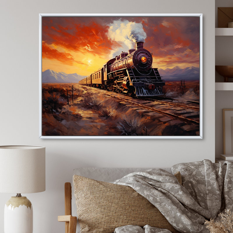 Impression sur toile, "Steamtrain Travelling Sunset Landscape I", H 30 po x l 40 po x P 1,5 po, Cadre flottant blanc