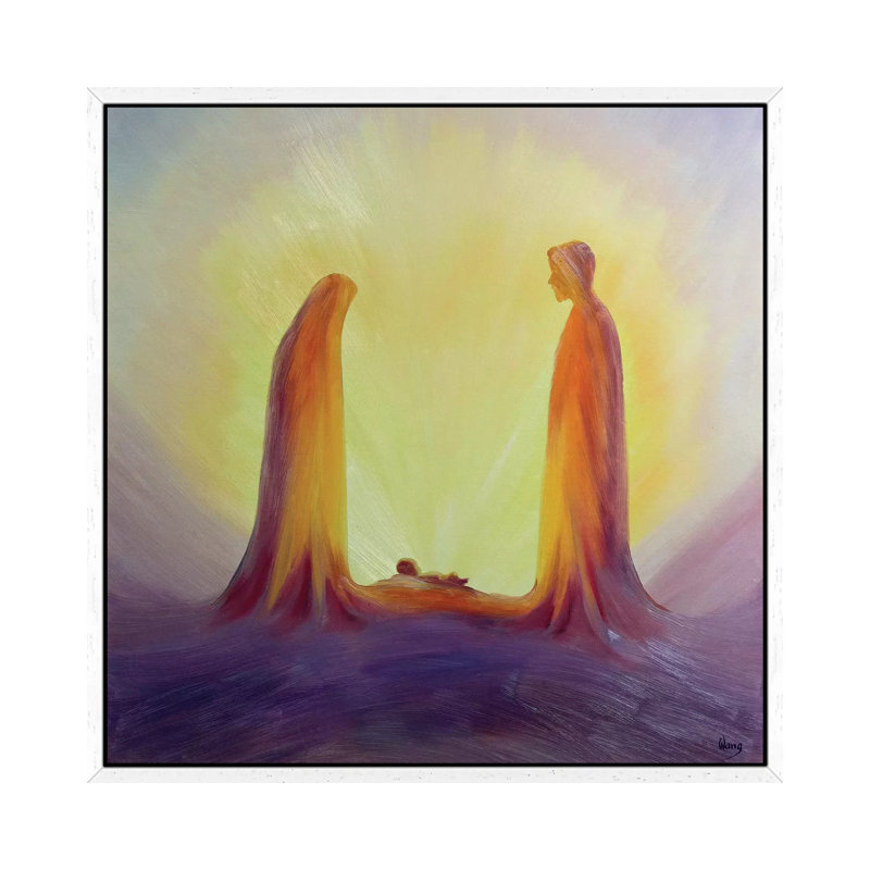 Mary And Joseph Look With Faith On The Child Jesus At His Nativity, 1995 by Elizabeth Wang - Painting on Canvas, White Framed