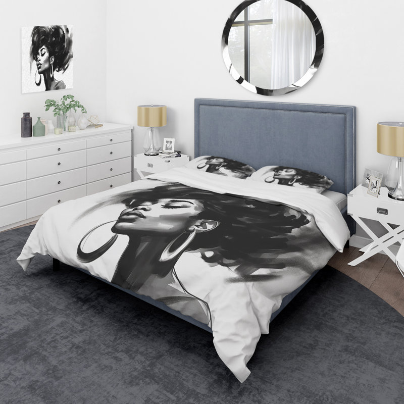 Ensemble de housse de couette en microfibre / polyester noir et blanc, Housse de couette simple + 1 taie décorative stan