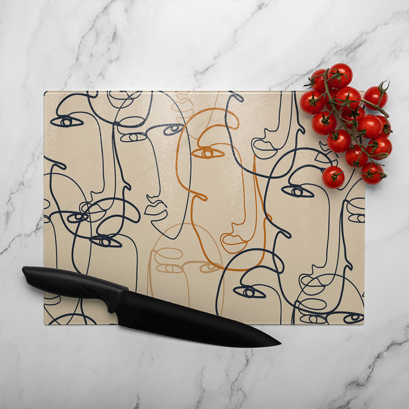 Continuous line drawing of faces Designer Glass Chopping Board, 40cm L x 28cm W