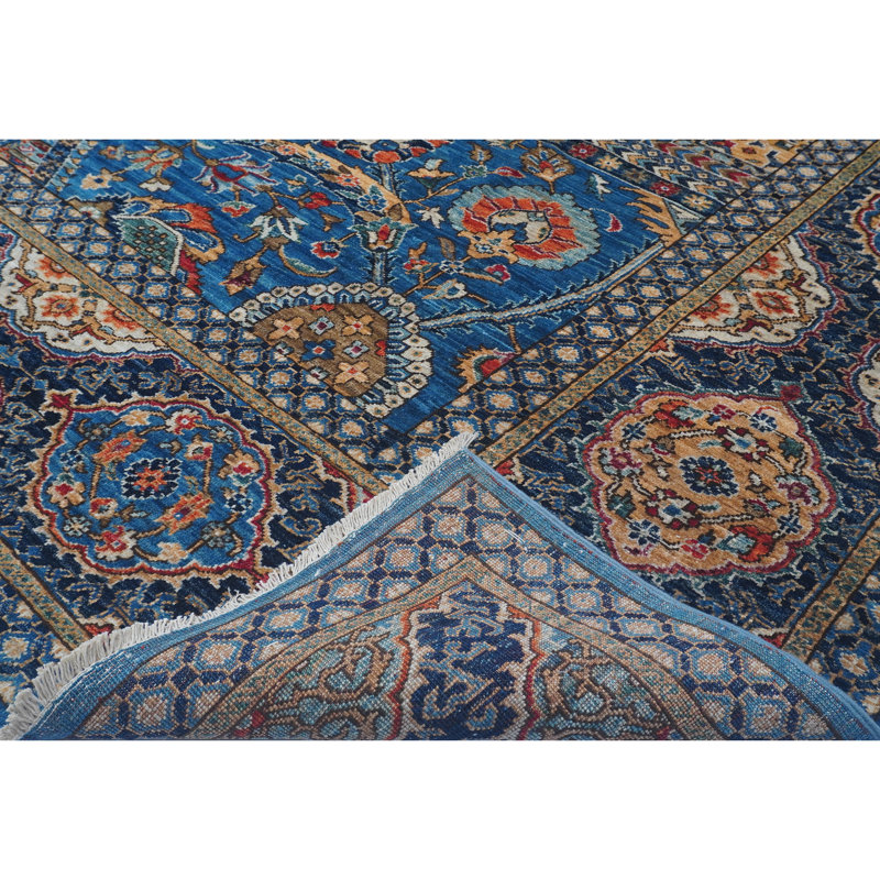 Tapis bleu et blanc noué à la main de haute qualité