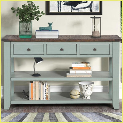 Table basse en bois de pin massif avec 3 tiroirs 2 tablettes - bleu rétro & amp; Brun, style rétro moderne, assemblage facile