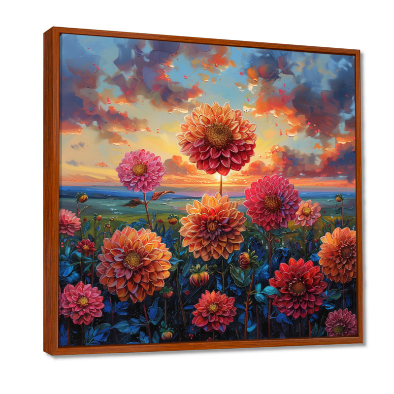 Orange orange rose coucher de soleil Dahlia Field II - Dahlia Wall Art Living Room, Cadre flottant brun, H 16 po x l 16 po