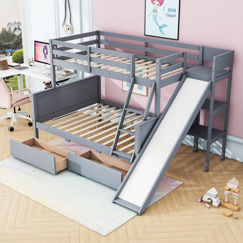 Twin Over Full Bunk Bed With Built-In Slide, Storage Shelves, Gray