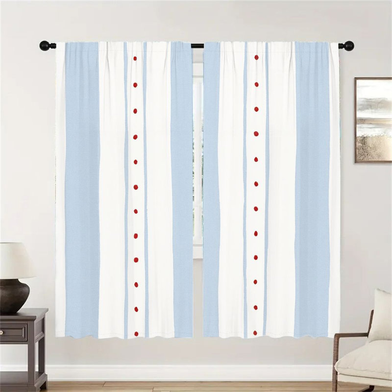 2Pcs Light Blue & White Striped Curtains with Red Dots, Boho Farmhouse Window For Living Room Bedroom Kitchen Rod Pocket Drapes,Decorate