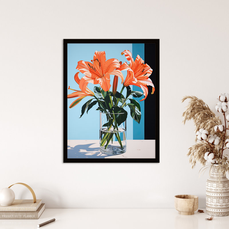 Autumn Lilies Orange Glass Vase Stylised Floral - Single Picture Frame Print