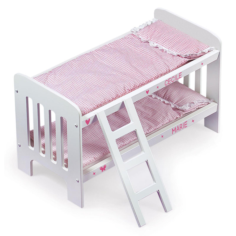 White and Pink Gingham Wooden Doll Bunk Bed with Ladder