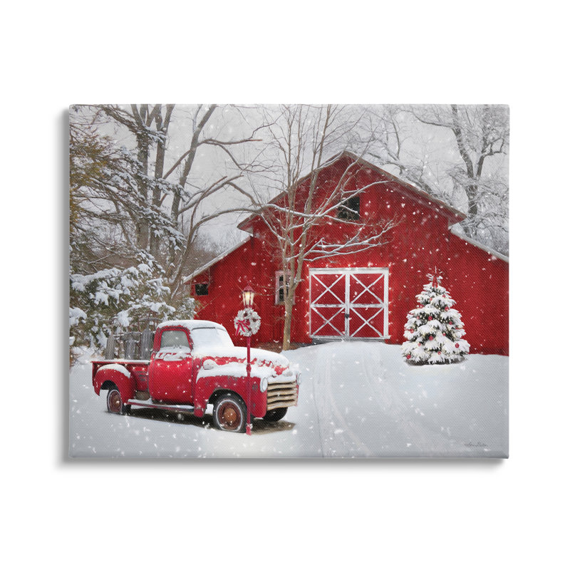 Red Barn and Truck Christmas Scene Gallery-Wrapped Canvas Art
