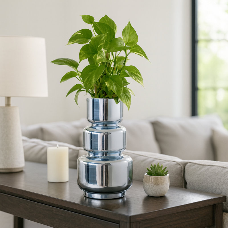 Vase en verre sculpté à plusieurs niveaux pour décoration de table - Vase de fleurs fumé contemporain pour table, tablette ou console - bleu et argent