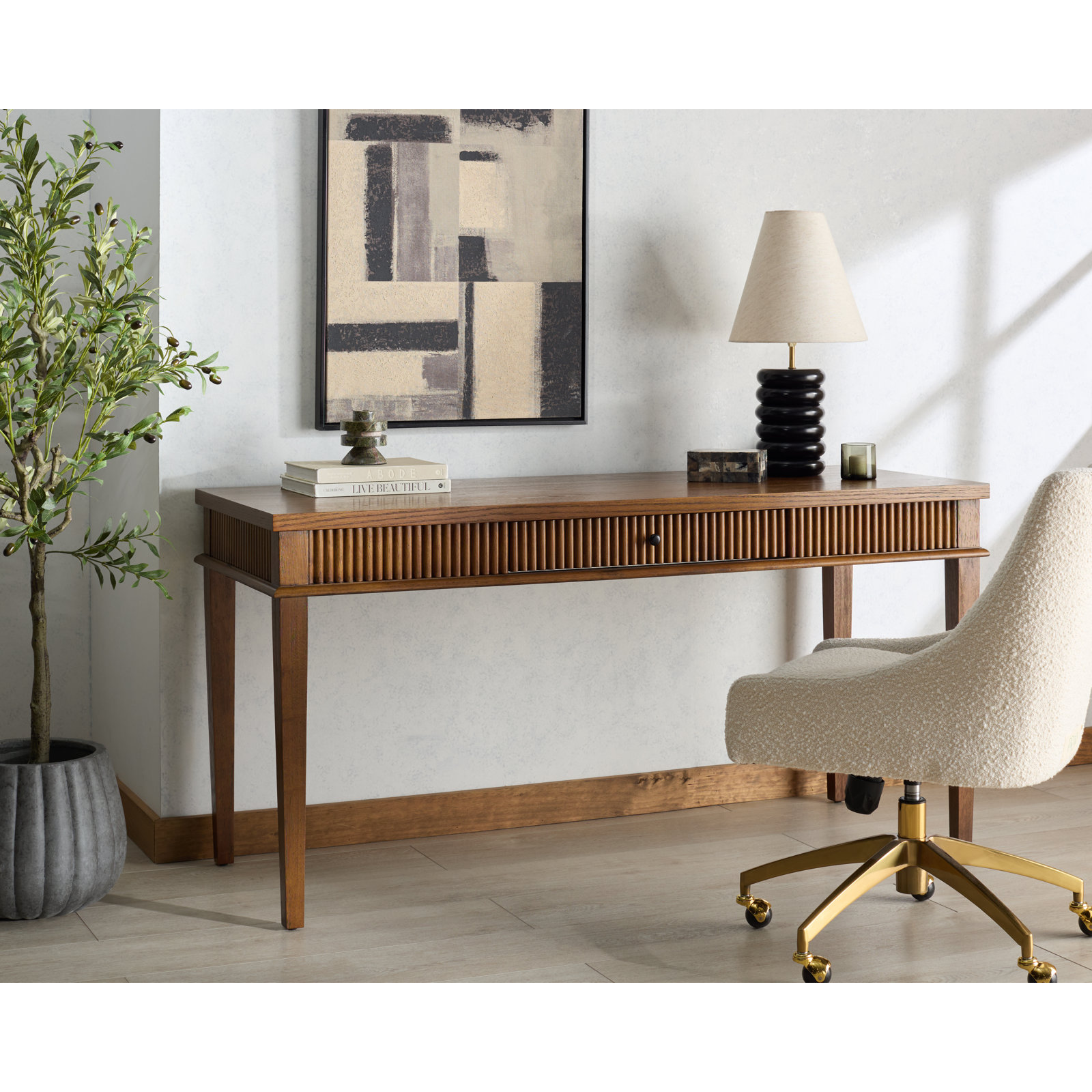 Haden 1 Drawer Reeded Desk, Medium Oak