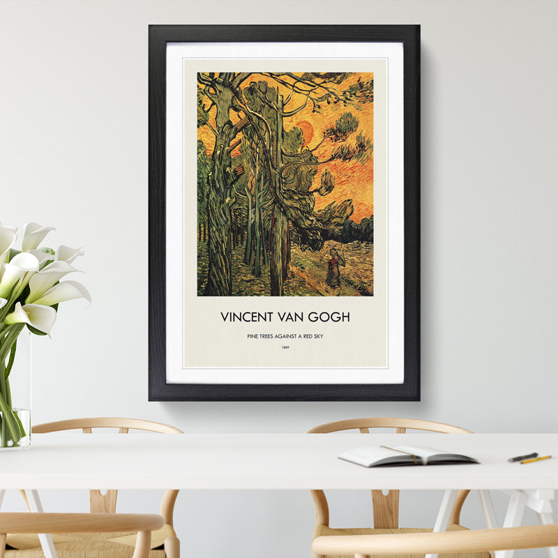 Pine Trees Against a Red Sky Print by Vincent Van Gogh - Picture Frame Painting, 48cm H x 36cm W x 2cm D, Black Framed
