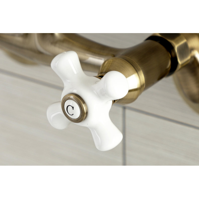 Kingston Brass Kingston Two-Handle 2-Hole Wall Mount Bar Faucet, Cross Handle, Antique Brass