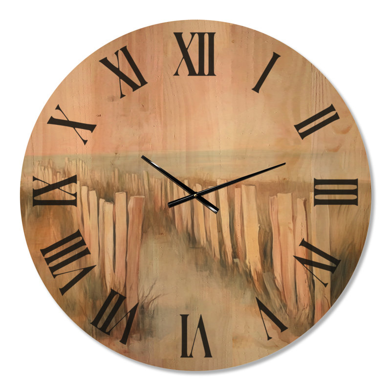 Horloge murale surdimensionnée Blush Dune Fence Path I - Plage, imprimée sur bois, Extra Large