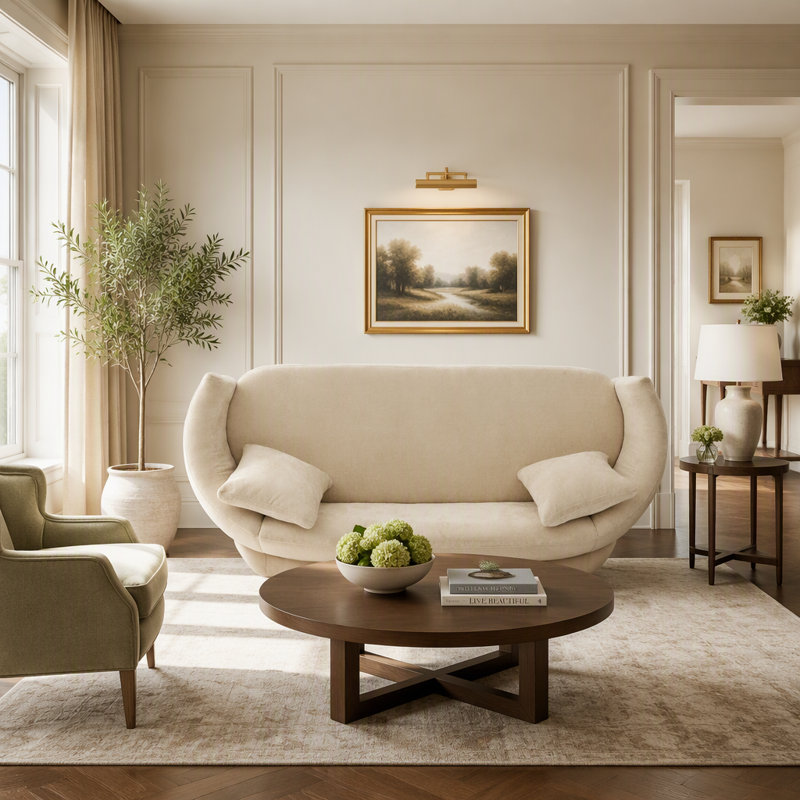 Canapé incurvé en tissu bouclé avec base en bois massif pour un confort optimal dans un salon moderne et une décoration intérieure élégante