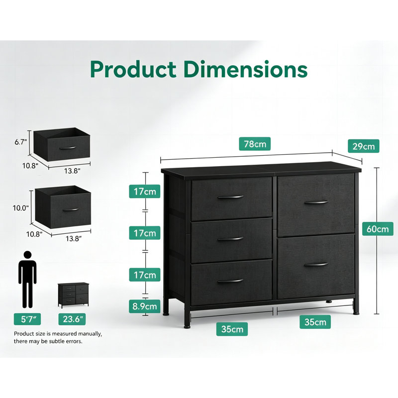 Light Grey Small Chest of Drawers, 5 Fabric Drawer Bedroom Storage Unit, Wooden Top & Sturdy Steel Frame, 2 Large + 3 Small Drawers, 76 x 29 x 60cm