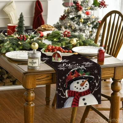 Chemin de table noir bonhomme de neige flocons de neige d'hiver, décoration de table de salle à manger de Noël saisonnier pour décoration de fête à la maison 13 x 72 pouces