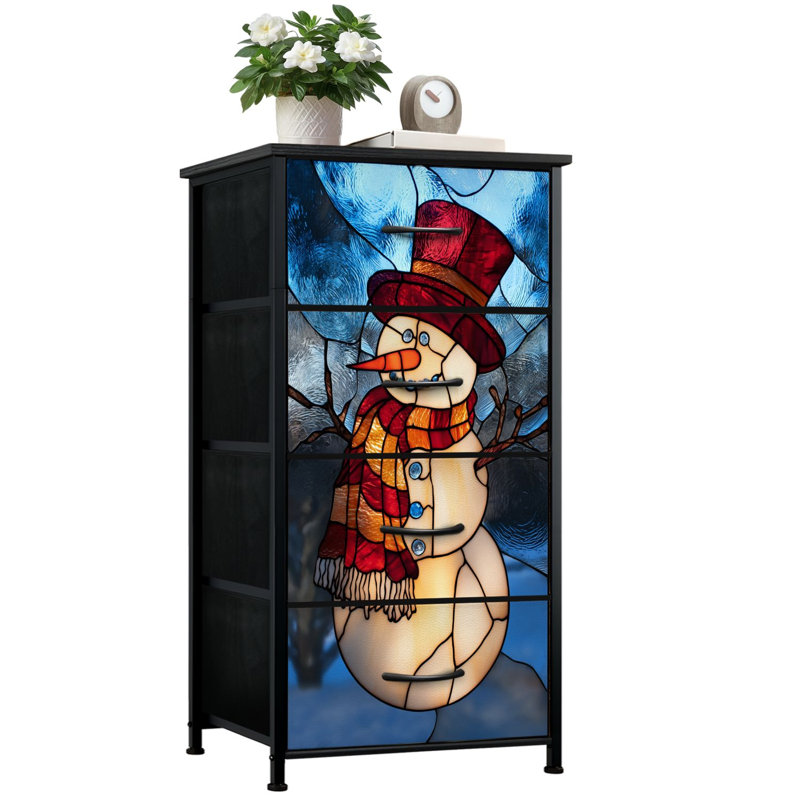 Commode pour la chambre à coucher avec 4 tiroirs de rangement en verre coloré bonhomme de neige écharpe rouge