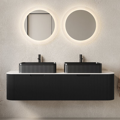 Meuble-lavabo mural 60 po avec double comptoir blanc Carrara, deux vasques en céramique noires, 2 tiroirs à fermeture en douceur, armoire flottante moderne pré-assemblée - noir mat / noyer foncé