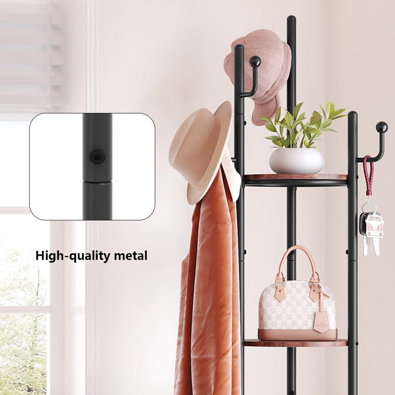 Round Coat Rack With 3 Wooden Shelves And 1 Fabric Basket, Black/Brown