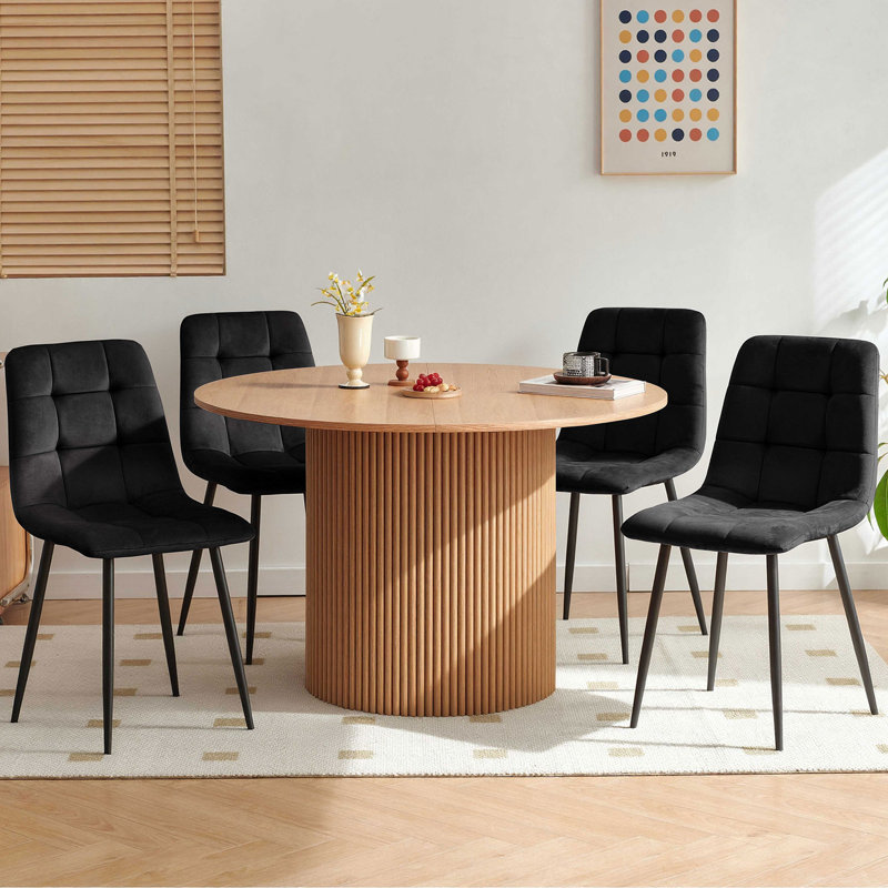 Dining Room Table Set For 4, Round Wooden Dining Table With Upholstered Chairs, Black, Natural Oak