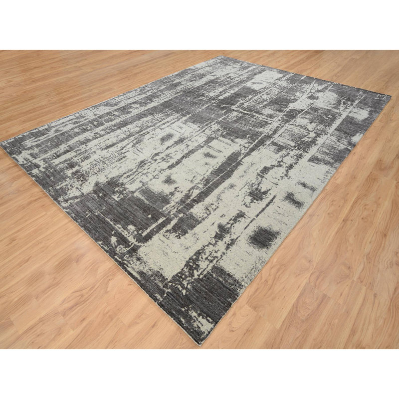 Tapis oriental noir tissé à la main 9 pi x 12 pi noir, laine et soie végétale ton sur ton, jacquard 8A16FDB13FE04EA09489EC0186C3FBA2