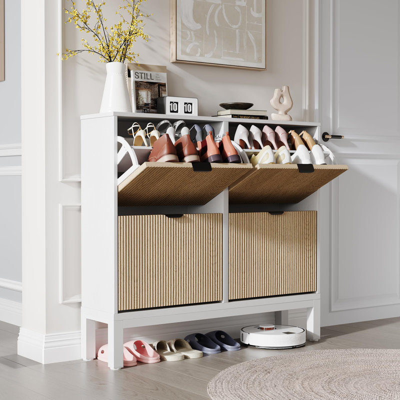 Armoire à chaussures cannelée avec 4 tiroirs rabattables, rangement pour chaussures dissimulé mince avec pieds en métal pour le vestibule