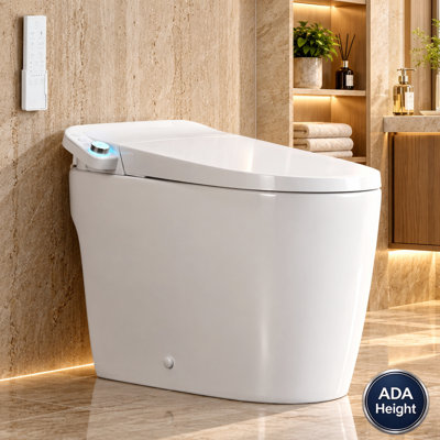 19" Elongated ADA Tall Height Smart Toilet with Heated Seat, Bidet Wash, Warm Air Dryer, Auto Open Lid, Remote Control, Night Light, 3-Year Warranty