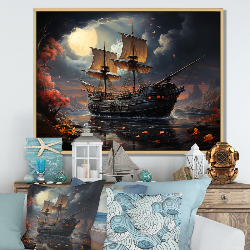 Pirate Ship Nightly Voyage I - Art mural pirate, H 34 po x l 44 po x P 1,5 po, Cadre flottant brun