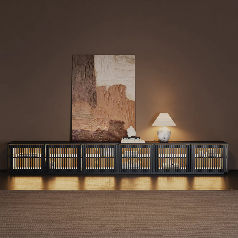 Meuble télé Mid-Century moderne à lattes en bois avec lumières DEL, entièrement assemblé, Black