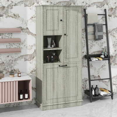 Grande armoire de rangement avec grand panier rabattable et armoires fermées pour la salle de bain, le salon ou le bureau, autoportante