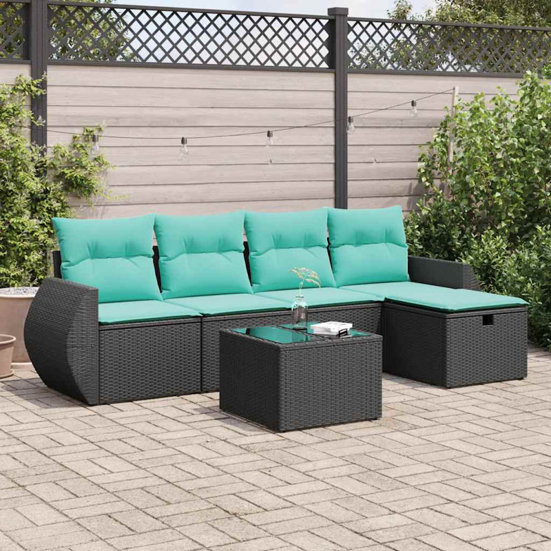  Ensemble de canapé de patio 6 pièces avec coussins en rotin de polyester, Vert, Noir