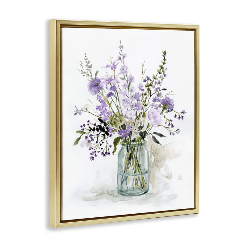 Botanique mauve traditionnel traditionnel, Cadre flottant métallique doré, H 21 po x l 17 po