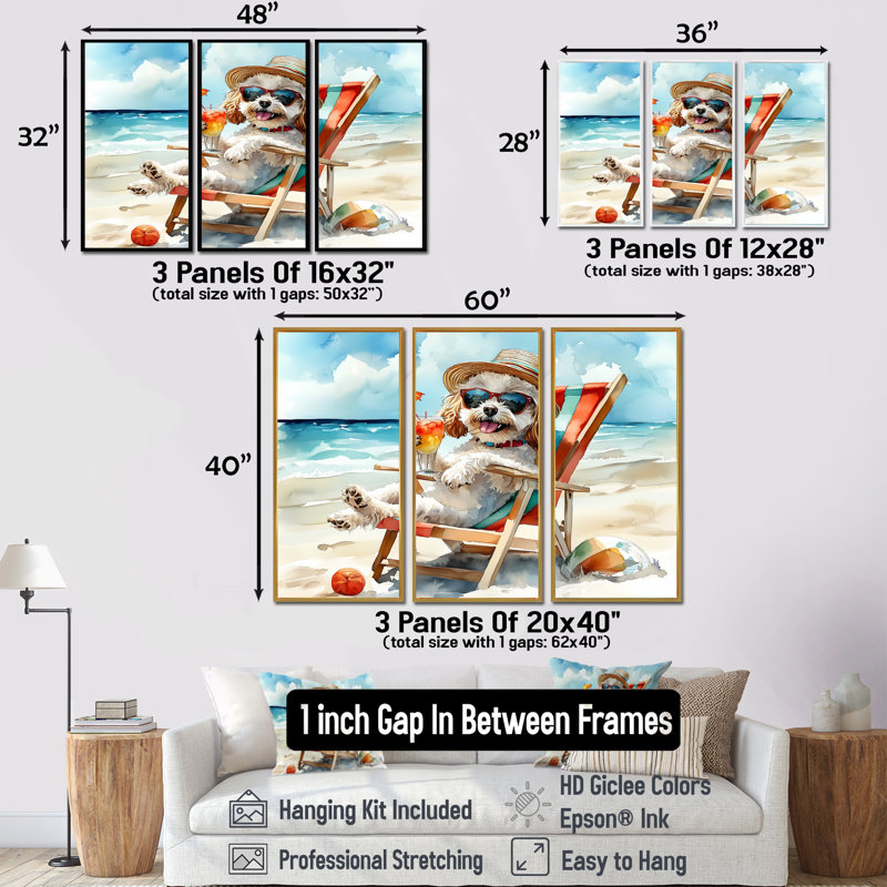 Chien gris caniche gris sur la plage - ensemble de décorations murales animaux côtiers, H 28 po x l 36 po x P 1 po