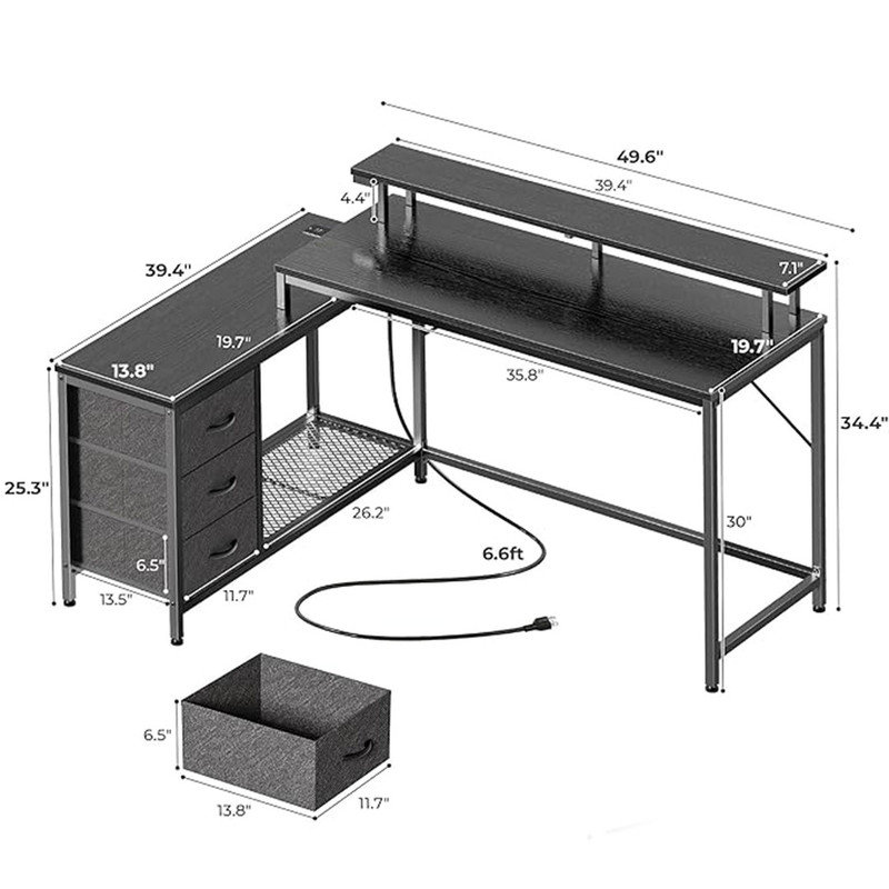 Reversible L Shaped Computer Desk with Drawers, Gaming Desk with LED Lights and Power Outlets for Home & Office, Black