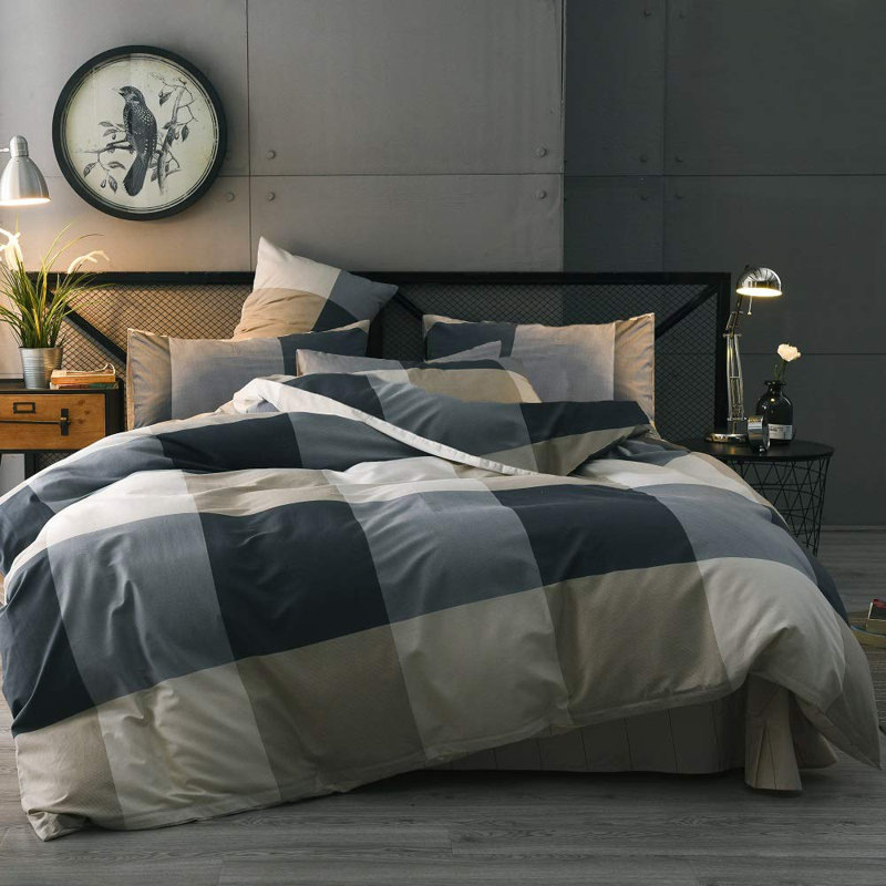 Modern Gray and Beige Cotton Plaid Queen Duvet Cover Set
