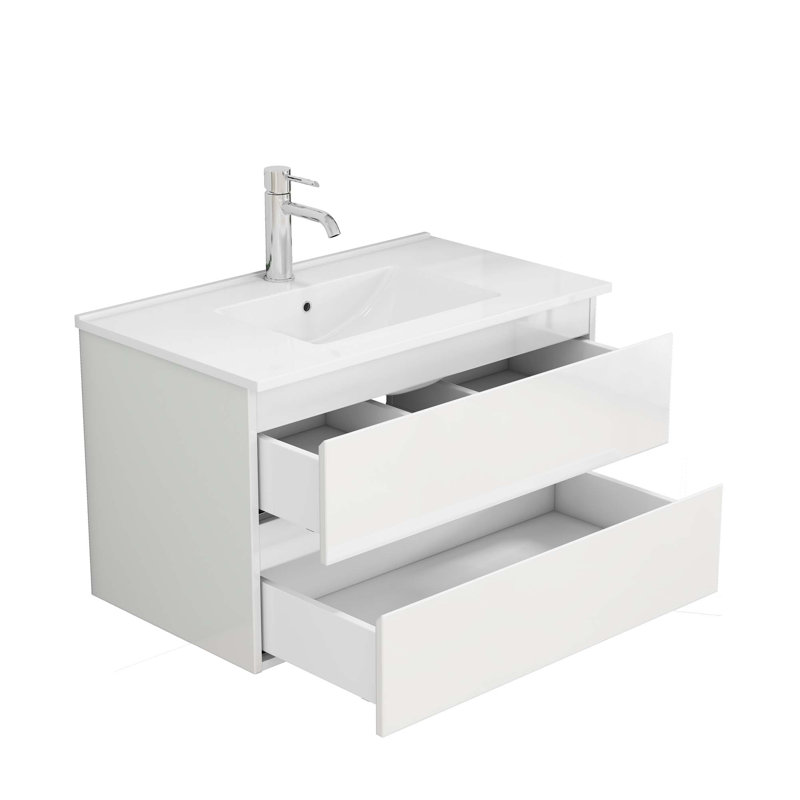 Ensemble de meuble-lavabo 31,5 pouces avec lavabo, armoire avec 2 grands tiroirs, système de fermeture en douceur, 2 grands tiroirs, conception sans poignée, assemblage facile, brillant