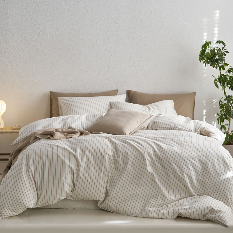 MooMee Striped Duvet Cover Set 100% Washed Cotton Linen Like Textured, Wide Stripes - White/Tannish Linen Gray